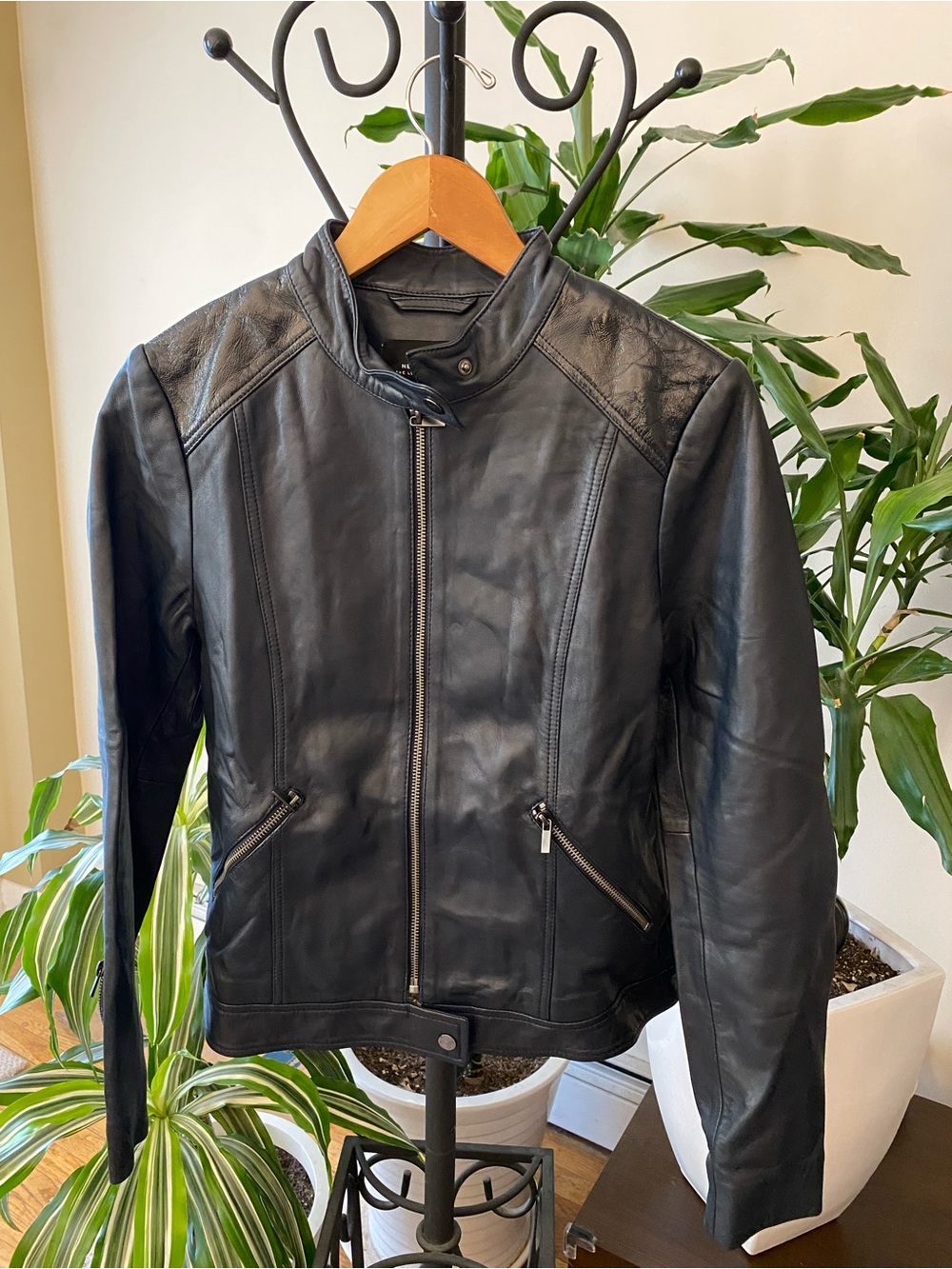 Navy Blue Leather Women’s Neiman Marcus Leather Collection Zip Motorcycle Jacket